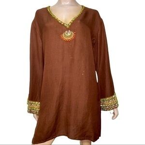 Inca Size L Brown w/ Rhinestone Embellishment Details Long Sleeve Swim Cover Up